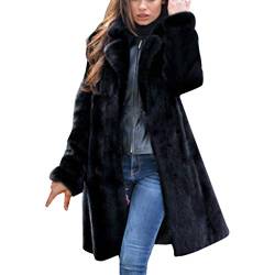 Damen Mantel Schwarz mit Pelz, Kunstpelz Mantel Faux Pelz Winterjacke Damen Winter Warm Kunstfell Jacke Lang Pelzmantel Elegant Einfarbig Felljacke Damenmantel Winterjacke mit Tasche von Generic