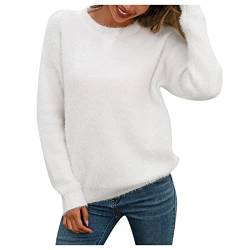 Damen Plüsch Pullover Einfarbig Langarm Rundhals Pullover Beliebter Pullover Damen Pullover Fuzzy Pullover, weiß, M von Generic