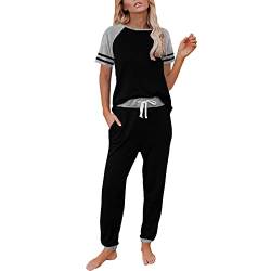 Damen-Schlafanzug, Flanell, Damen, Pyjama-Set, kurzärmelig, Farbblock, Nachtwäsche, Tops mit langer Hose, Pyjama-Set, Nachtwäsche, Schwarz , 36 von Generic