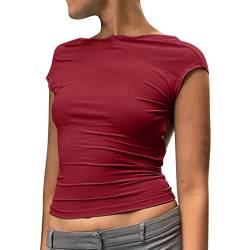 Damen Sexy Rückenfreies Top Shirts Kurzarm T-Shirt Slim Fit Cropped Tee Cut Out Oberteile Y2 K Front Back Reversible Tops Reversible T-Shirt Teenage Mädchen Rundhals Backless Bluse (11-kurzarm-rot, S) von Generic