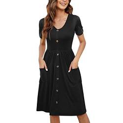 Damen Sommer Casual Kurzarm Kleider knielanges Kleid mit Knöpfen Taschen Kleid Eng Schwarz Damen (Black, XXL) von Generic