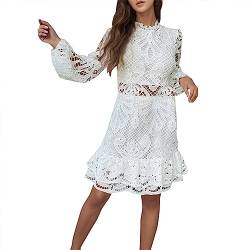 Damen Sommerkleid Kurzarm Shirtkleider Frauen 2023 Sexy Hohl Langen Ärmeln Zurück Zipper Party Kleid Elegante Feste Dünne Rüschen Kleider Frühling Spitze Stickerei Kleid Strandkleid Blumenkleid von Generic