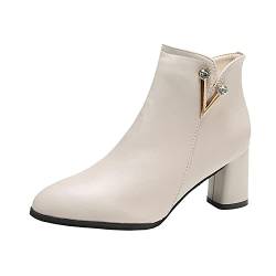 Damen Stiefeletten Western Stiefeletten Für Damen Mode Frauen Einfarbig Dicke Sohle Quadratische Fersen Reißverschluss Kurze Booties Runde Zehe Schuhe Boots Damen Mit Absatz Winterstiefel (White, 39) von Generic