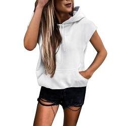 Damen Sweatjacke Ladies Sleeveless Hoody mit Kapuze T-Shirt Damen Sommer Kurzarm Oberteile Hoodie Sweatweste Einfarbig Kapuzenshirt Sweatshirt Tops mit Kordelzug (White, XXXL) von Generic