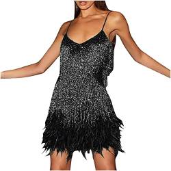 Damen Tanzkleid ärmellos Spaghettiträger Minikleid Schulterfrei Partykleid Sexy Einfarbige Glitzerkleid Mit Feder Rückenfrei Cocktailkleid Für Damen Fransenkleid Damen Kleider Sale Angebote von Generic