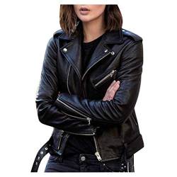 Damen Übergangsjacke – Damen Cool Kunstleder Jacke Langarm Reißverschluss ausgestattet Mantel Herbst Kurzmantel Warm Große Größe, Schwarz, 54 von Generic