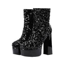 Damenstiefel Kurze Stiefel Plateau Pailletten Chunky High Heel Kurze Stiefel Absatz Mittelkalb Stiefel 37 Mädchen (Black 40) von Generic