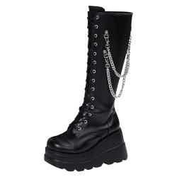 Einfarbige Damen-Stiefel mit dickem Boden, schrägem Absatz, Kette, hohes, glänzendes, große Kniestiefel, Lange Stiefel Mit Weitem Schaft Schwarz (Black, 37) von Generic