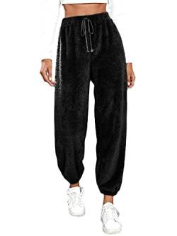 Fleecehose Plüschhose Damen Winter Pyjamahose Flauschig Elastische Taille Lounge Hose Haushose Schlafhose mit Kordelzug Sweatpants Freizeithose Verdickte Sporthosen Jogger Hose (Schwarz,3XL) von Generic