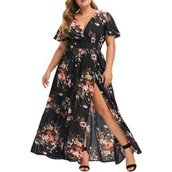 Frauen Plus Größe Sommerkleid V-Ausschnitt Maxikleider Blumendruck Abendkleid Kurzarm Partykleid Boho Kleid Damen Casual mit bedruckter Taille Tunikakleid Große Größen Ballkleider von Generic