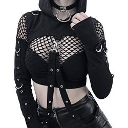 Generic Damen Gothic Kleidung Crop Top Oversized Hoodie Off Shoulder Hollow Out Langarm Schwarz Punk Gothic Sweatshirts Punk Harajuku Stil Vintage Karneval Fasching Kostüm 2022 von Generic