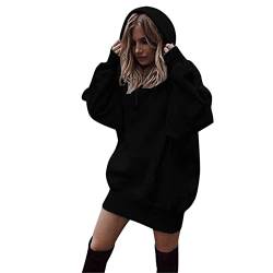 Generic Damen Lange Hoodie Kapuzenpullover Lange Hoodie Langarm Sweatkleid Lose BeiläUfige Einfarbig Pulloverkleid Mini Shirtkleid Winter Pulli, Schwarz, M von Generic