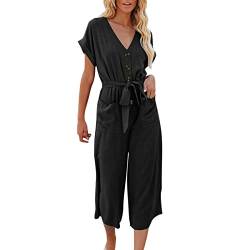 Generic Jumpsuit Damen Lang - Elegant Overall Sommer V-Ausschnitt Kurzarm Hosenanzug Damen Business Leicht Playsuit Casual Lose Overalls Lang Weites Bein Caprihose Romper Mit Taschen Und Gürtel von Generic