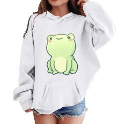 Generic Kapuzenpullover für Mädchen Niedlicher Frosch Grafikdruck Sweatshirt Lässig Lockerer Sportshirt Frühling Trendy Kordelzug Pullover Streetwear Sweatshirtpullover mit Taschen (Weiß, 8-10 Jahre) von Generic