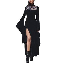 Halloween Kostüm Damen, Gothic Kleid Damen Schwarz Schlitz Maxikleid mit Trompetenärmel Sexy Slim Fit Wickelkleid Lange Hexenkleid Frauen Halloween Kleid Cosplay Fasching Partykleid von Generic