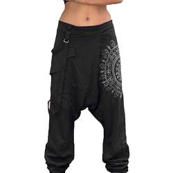 Haremshose Herren Baggy Lang Aladinhose Baumwolle Gemütliche Atmungsaktiv Nationaler Stil Druck mit Taschen Drawstring Gummibund Tiefer Schritt Entspannt Pluderhose Herren Schwarz 4XL von Generic