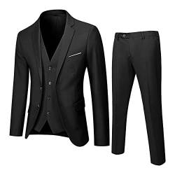 Herren Anzüge 3-teilig Slim Fit Einreihig Zwei Knöpfe Hochzeit Smoking Anzug Blazer Weste Hose (Schwarz, L) von Generic