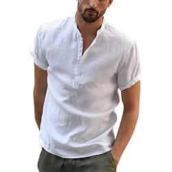 Herren Hemd Kurzarm Leinenhemd Regular Fit Sommerhemd Freizeit Stehkragen Baumwoll Leinen Leinen Henley Shirt Langarm Hippie Casual Beach T-Shirts für Männer, Weiß, XL von Generic