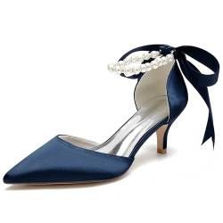 Hochzeitsschuhe Brautschuhe Damen Perle Satin High Heel Pumps Spitze Zehen Partei Abendschuhe 6Cm Schnüren Hohe Absätze,Dark blue,36 EU von Generic