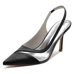 Hochzeitsschuhe Damen Braut Hochzeit Slingback Pumps Damen Satin Spitz Absätze 8,5 cm Partei Abendschuhe,Schwarz,41 EU von Generic