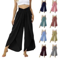 Hosenrock Damen Sommer Lange Hosen mit Schlitz Baggy Leichte Sommerhose Lockere Weites Bein Yogahose Crossover Hohe Taille Palazzo Hose Luftige Bequeme Haremshose Wide Leg Pants Women von Generic