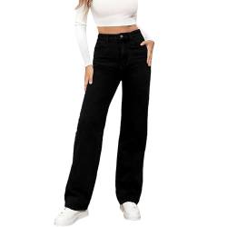 Jeggings Damen High Waist Damen Jeans mit weitem Bein, hoher Taille, Dehnbare Jeans, gerades Bein, Jeanshose mit schrägen Taschen Damenjeans Damen Jeans Weites Bein High Waist (Black, XXXXL) von Generic