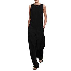 Jumpsuit Damen, Damen Sommer Ärmellose Lange Overall Breite Weites Bein Overall Einfarbig Romper Mit Taschen Baumwolle Leinen Strampler Loose Fit Einteiler Sommerhose Baggy Playsuit von Generic