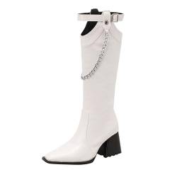 Kniehohe Westernstiefel mit wunderschönem Druck, wadenförmig, klobige Damenstiefel mit klobigem Stapelabsatz spitzer Zehenpartie Extra Breite Schuhe Damen Warm (White, 41) von Generic