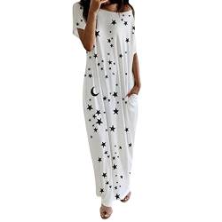 Langes Nachthemd für Damen Lässiges Maxi-Schlafkleid mit geneigter Schulter Stern-Mond-Druck Kurzarm-Loungewear mit Tasche Herbst Baumwolle ist weich und leicht Pyjama (White, XL) von Generic