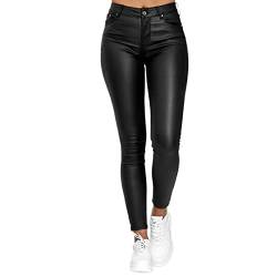 Lederleggings Damen Leder Leggings High Waist Kunstlederhose Elegant Lange Hose Einfarbig Freizeithose Winddicht Wasserdicht Kunstleder Leggings mit Taschen Jogginghose PU Leder Hosen von Generic