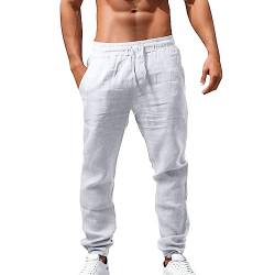 Leinenhose Herren Lang Leichte Sommerhose Herren Leicht Sommerhose Men Leinen Hose Lange Lässige Einfarbige Leinenhose Männer Strandhose Bequeme Stoffhose Yoga Hose Weiß 3XL von Generic