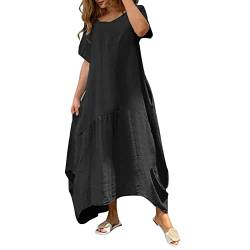 Leinenkleider Damen Lang Große Größen Damen Sommer Baumwoll Leinen Kleid Kurzarm Rundhals Boho Sommerkleid Strandkleid Einfarbig Locker Langes Kaftan Kleid Blusenkleid Freizeitkleid Strandkleider von Generic