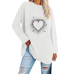 Longshirt Damen Langarm Tunika Lange Oberteile Bedruckte Longbluse Longpullover T Shirt Casual Lose Elegant Pullover Bluse Sweatshirt Langarmshirt Hemd Tops, XL, Weiß von Generic