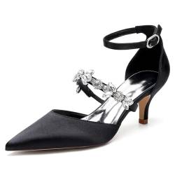 Low Heel Hochzeit Schuhe Spitze Zehe Hochzeit Schuhe Für Braut Satin Stiletto High Heels Knöchelriemen Strass Kleid Partei Gericht Schuhe 6Cm,Schwarz,36 EU von Generic