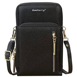 MINGHOO Damen Geldbörsen Handy Umhängetasche PU Leder Geldbörse Crossbody Bag Damen Schultertasche Reißverschluss Women Purse mit Kartenfächer Verstellbar Abnehmbar Schultergurt (Schwarz) von Generic