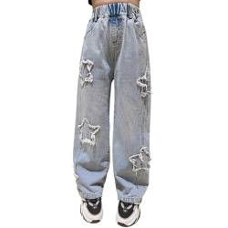 Mädchen Jeans Teenager Cargo Hosen Baggy Schlaghose Denim Jeans Gummibund Weites Bein Gerade Weite Jeans Jeans Mädchen Löchern Baggy Jeans Teenager Mädchen von Generic