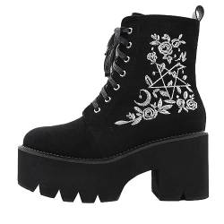 Modische Damenschuhe, atmungsaktiv, mit Keilabsatz, Retro-Schnürstiefel, bequemer Stiefel, zum gehen Compatible with Motorrad Schuhe Damen 38 (Black, 38) von Generic