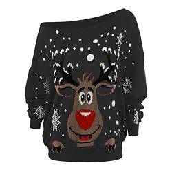 One Shoulder Weihnachtspullover Damen Große Größen Winter Langarm Rundhals Pullover Sweatshirt mit Weihnachtsmotiv Rentier Drucken Weihnachtspulli Lose Bluse Oberteil für Weihnachten Party von Generic