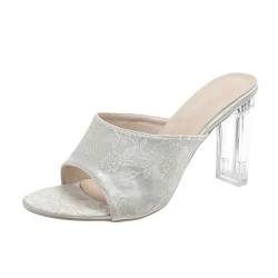 Pantoletten Damen Mit Absatz Kinder Badeschuhe Damen-Slipper mit transparentem Kristallabsatz, One-Line-Hausschuhen mit dicken Absätzen und großen Pantoletten Damen Mit Absatz Kinder (White, 39) von Generic