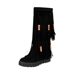 Perlen Mode Oberschenkel Winter Quaste Atmungsaktive Damenschuhe Wohnungen Retro Stiefel Farben Damenstiefel Reiter Stiefel Western Stiefel Damen Schuhe (Black, 41) von Generic