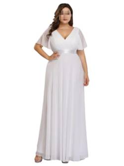 Plus Size Lange A-Linie Kleider Damen Halbarm V-Ausschnitt Bodenlangen Kleid Chiffon Brautjungfer Kleider, weiß, 52 von Generic