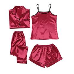 Satin Pyjama Damen Kurz 4-teiliges Schlafanzug Kurzarm Nachtwäsche Cami and Shorts Set Frauen Pjs Sets Hausanzug Loungewear #1 von Generic