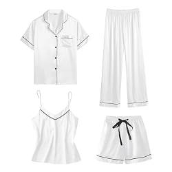 Schlafanzug Damen Zweiteiliger Pyjama Sets Damen-Homewear-Set, modischer Sling-Pyjama, dünnes vierteiliges Set (White, S) von Generic