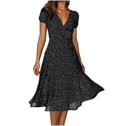 Sommerkleid Damen Kurzarm Strandkleid Blumenkleid Boho Kleid V Ausschnitt Elegant Blumen Kleider Freizeitkleid A Linie Lang Maxikleider Sommer Strand Frauen Festlich Cocktail Partykleid (Black, L) von Generic