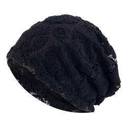 Spitzen Chemo Mützen Damen Sommer Beanie Kopftuch Super Weich Slouchy Turban Kopfbedeckungen Kop Wraps Beanie Mütze Kappe für Haarausfall, Krebs, Chemo 2024 (Black, One Size) von Generic