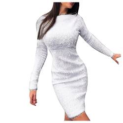 Strickkleid Damen Sexy Rundhals Plüschkleid Pullover Kleid Langarm Pulloverkleider Winter Warm Kleider Dress Einfarbig Slim Fit Partykleid Schmaler Rock Kleid von Generic