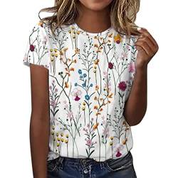 T-Shirt Damen Kurzarm - Sommer Oberteile Damen Süßes T Shirt mit Blumen Drucken Rundhals Casual Sport Bluse Kurzarmshirt Basic Graphic Tee Tunika Tops Hemd T-Shirts für Teenager Mädchen Frauen von Generic