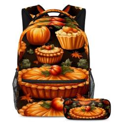 Thanksgiving-Kürbiskuchen-Set, Schultaschen-Set mit Federmäppchen, Rucksack mit großem Fassungsvermögen, für Jungen, Mädchen, Teenager, 2-teilig, Mehrfarbig Nr. 01, B：29.4x20x40cm P：19x7.5x3.8cm, von Generic