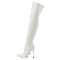 Weicher Lackleder-Innenreißverschluss mit hohem Absatz, modische elastische Overknee-Stiefel für den Außenbereich Senioren Schuhe Damen Winter (White, 37) von Generic