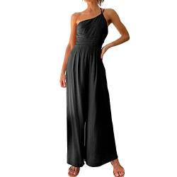 Weltbild Weihnachtsdeko Frauen-Sommer-Bügel-Jumpsuits One-Shoulder-Plissee-Overall mit hoher Taille Lässiger Jumpsuit mit weitem Bein Jumpsuit Homewear Damen (Black, S) von Generic